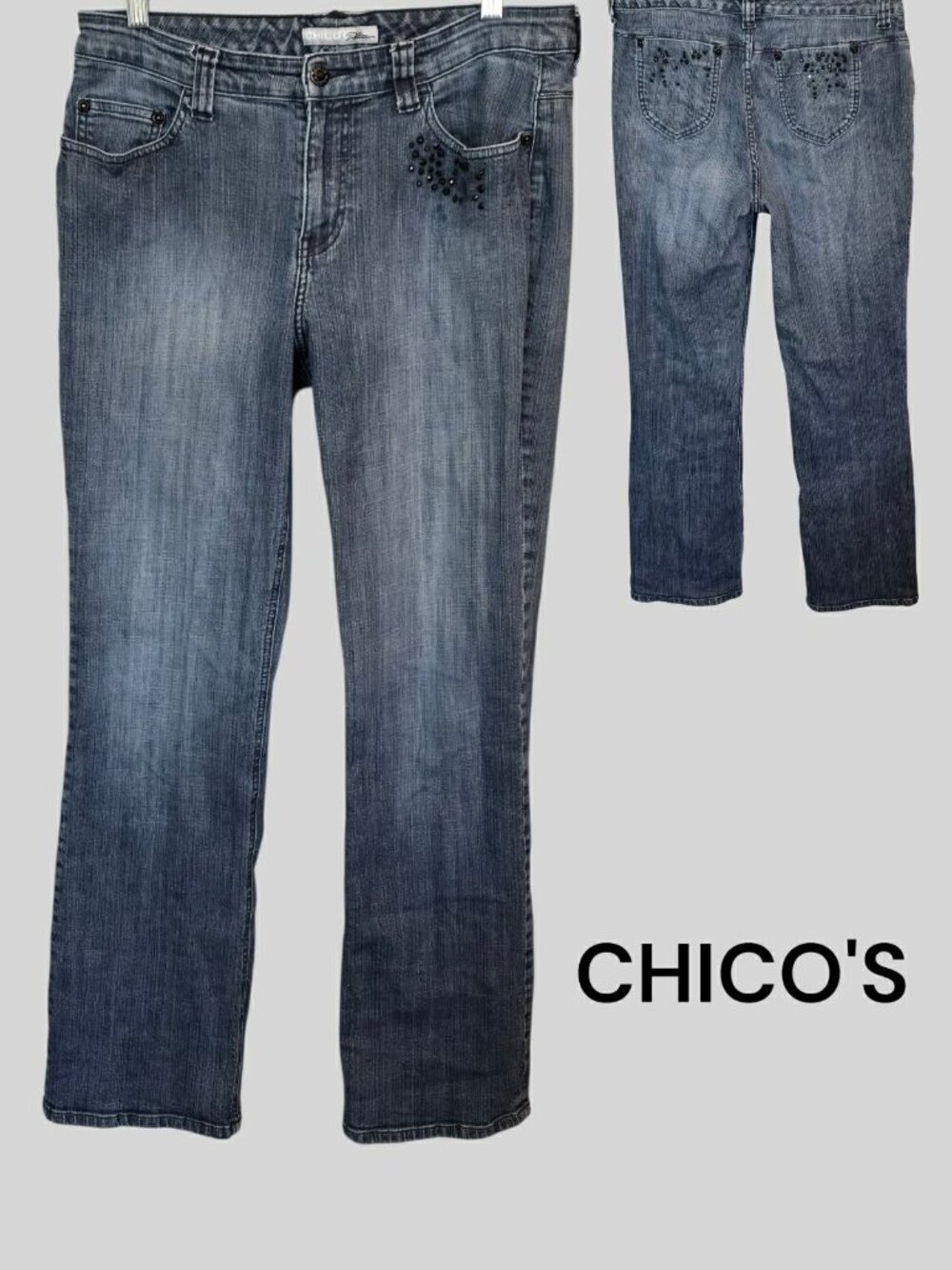 Chicos Platinum Dark Stone Wash Sequin Embellishments High Rise Jeans Womens 1.5